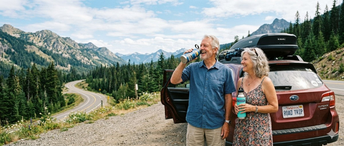 “Senior couple staying hydrated with a water bottle during a summer road trip”