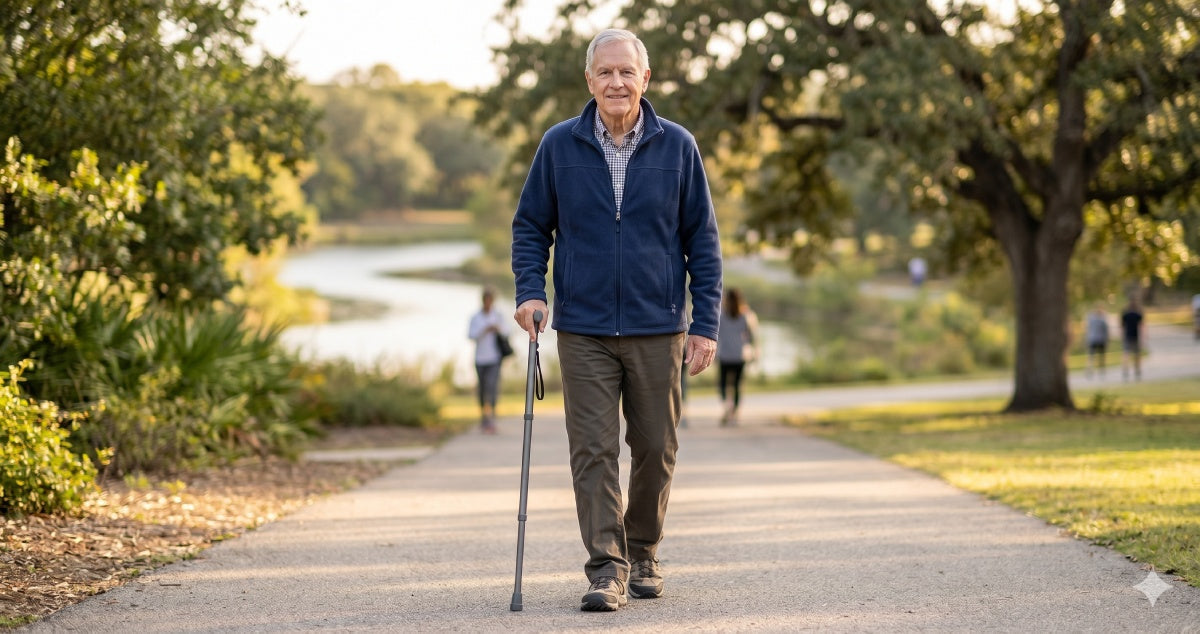 Senior walking outdoors using an adjustable folding cane for support