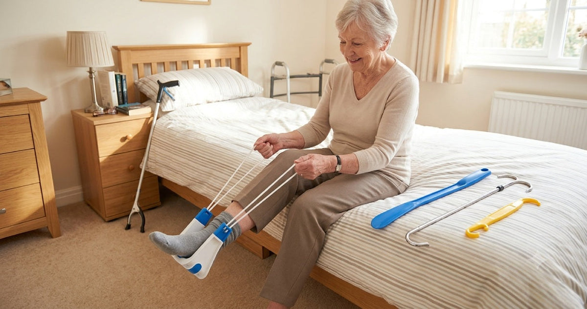 Sock aid and long-handled dressing tools for seniors to get dressed independently