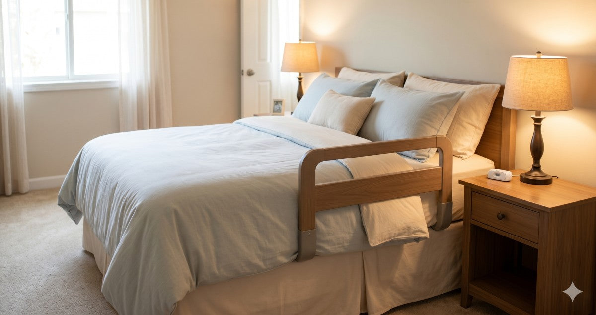 Safely arranged senior bedroom with a bed rail, clear floor path, and bedside lighting