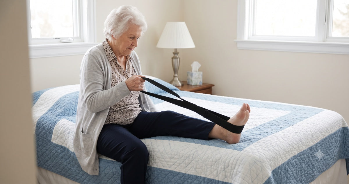 Senior using a leg lifter device to move their leg onto a bed without bending