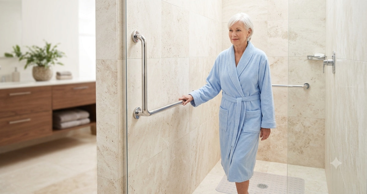 Senior-friendly shower with a grab bar and non-slip mat for bathroom safety