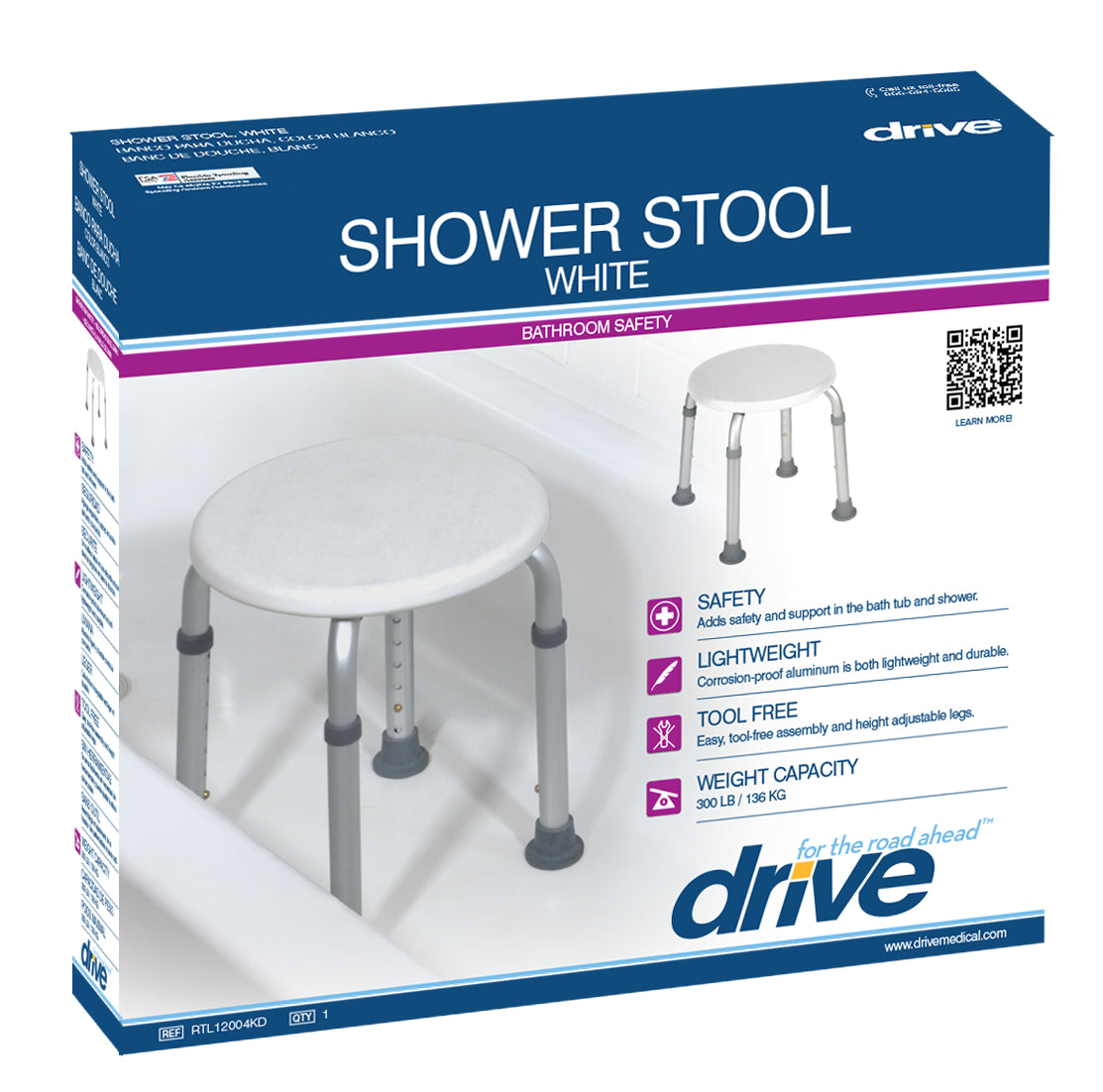 Adjustable Height Bath Stool, White