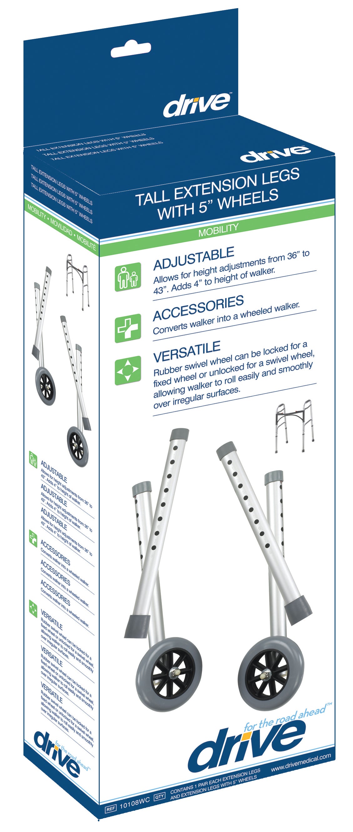 Extended Height Walker Wheels and Legs Combo Pack, 5" Wheels, 1 Pair