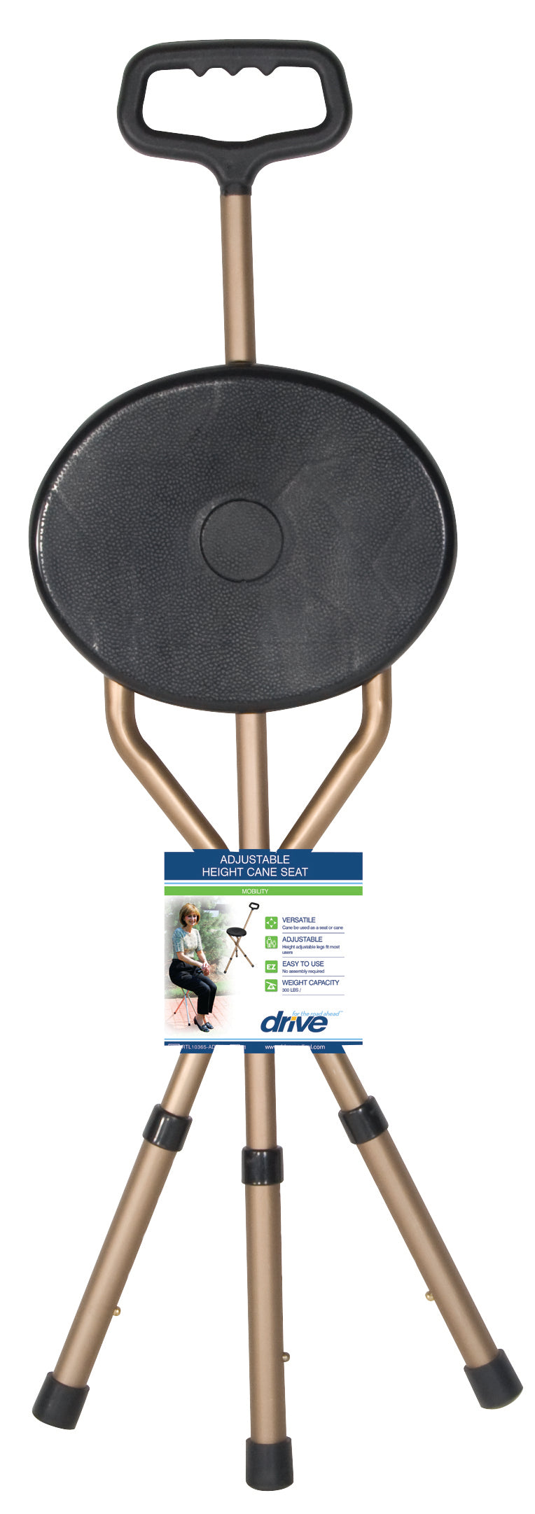 Folding Lightweight Cane Seat, Adjustable Height, Bronze