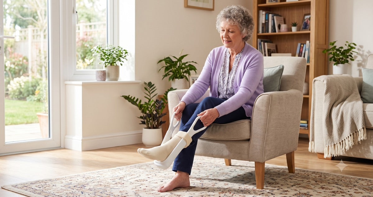 Senior using a sock aid to put on socks independently at home