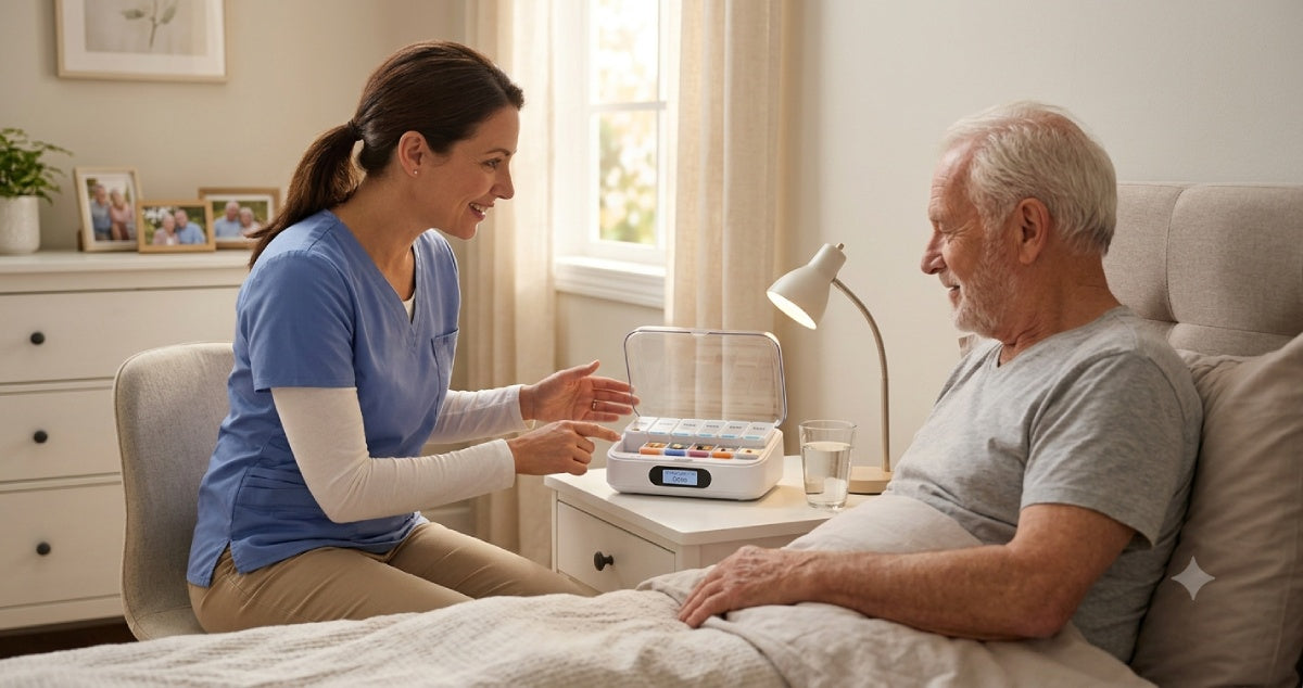 Automatic pill dispenser on a kitchen counter helping a senior manage daily medications