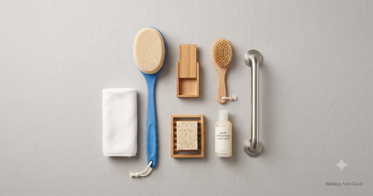Long-handled bath sponge and bathing aids for seniors to shower safely and independently