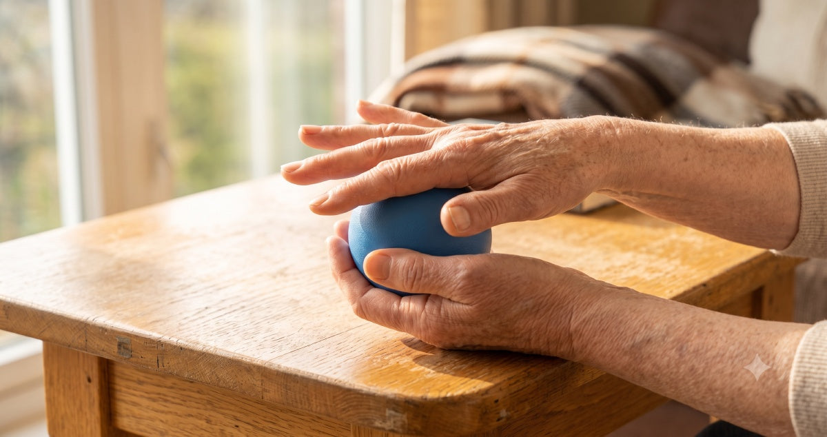 Senior squeezing a soft rehab hand exercise ball to improve grip strength and circulation