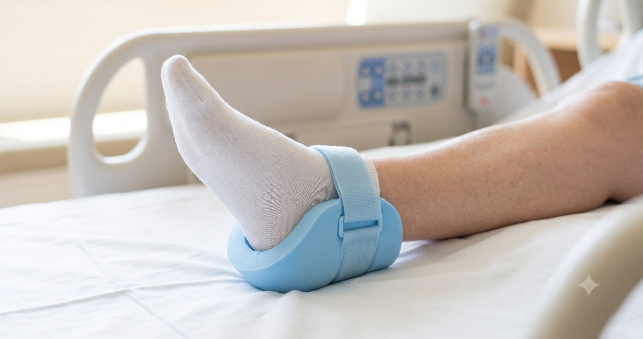 Foam heel and elbow protector worn on a senior's foot to prevent pressure sores