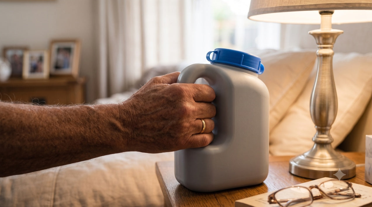 Reusable portable male urinal for seniors and men with limited mobility at home or travelling