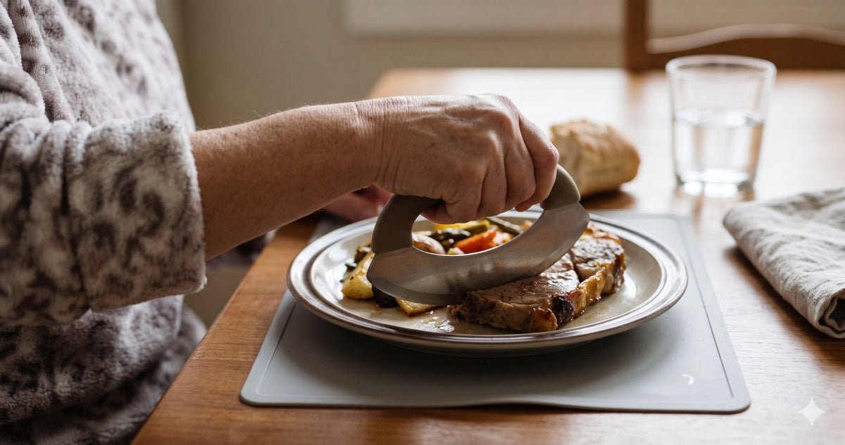 "Rocker knives and one-handed eating: cutting food with limited grip"