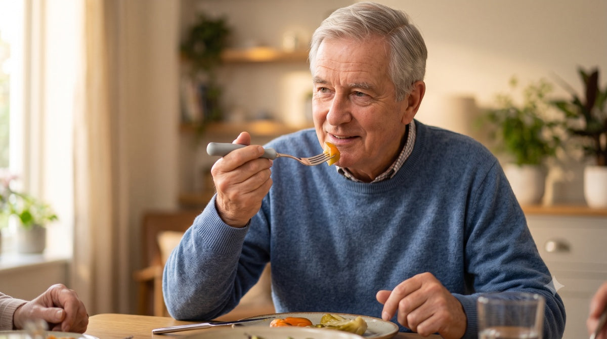 Senior using weighted utensils at a dining table to manage hand tremors